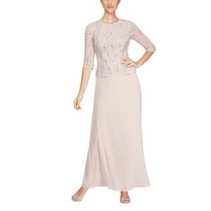 NWT Alex Evenings Long Gown Sequin Lace Bodice Chiffon Skirt Shell Pink sz 14
